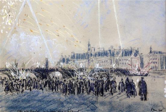 Lord Methuen (1886-1974) Victory night celebrations seen from the Houses of Parliament terrace, 8th June 1946 11 x 16in.